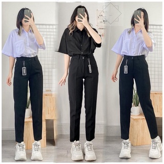 Quần tây đi học nữ lưng cao bigsize màu xanh đen dáng baggy dài ống đứng - Quần vải học sinh nữ cạp cao