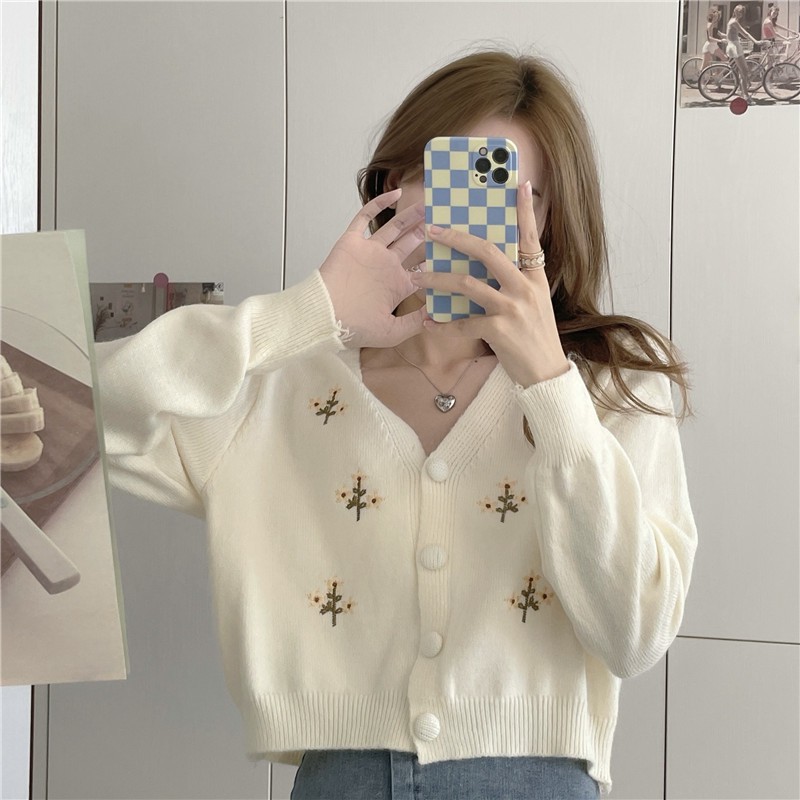 Áo Khoác Cardigan Len Dệt Kim Họa Tiết Hoa Nhí