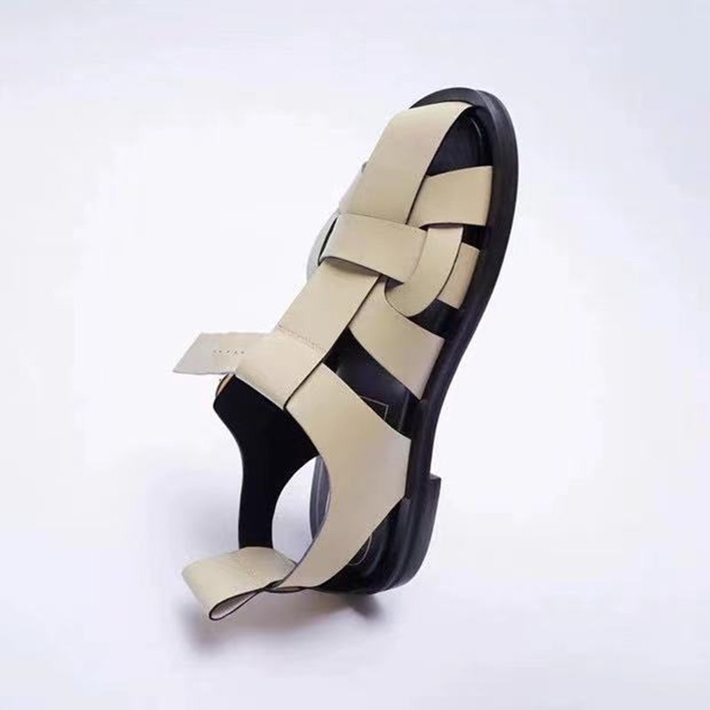 2022ZARA trendy new light beige round head leather flat sandals for women