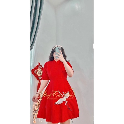 Đầm đỏ cổ tàu - M,L,XL,XXL - Shop Táo Đỏ Bigsize 50kg-90kg