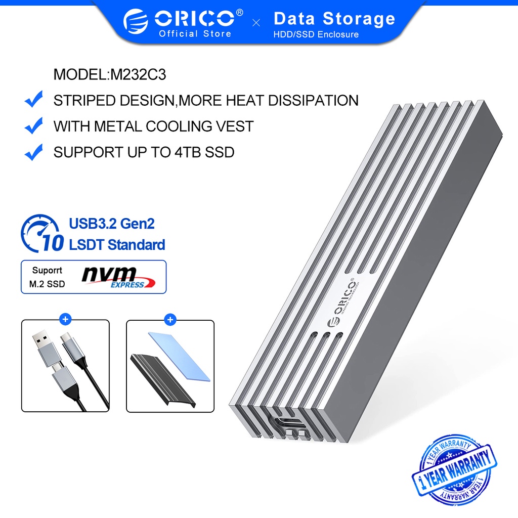 Vỏ ổ cứng ORICO SSD M.2 NVMe SSD 10Gbps PCIe Type C M2 SSD bằng nhôm hỗ trợ UASP M232C3