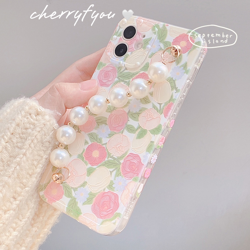 Ốp Điện Thoại TPU Dẻo Họa Tiết Hoa Đính Ngọc Trai Chống Sốc Kèm Vòng Đeo Tay Cho IPhone 14 13 12 11 Pro Max X Xs XR 8 7 Plus