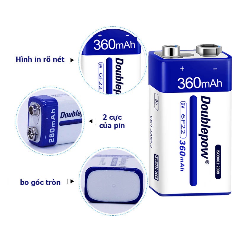 Pin sạc 9V 360mAh Doublepow, pin vuông sạc lại chuyên dụng cho đồng hồ vạn năng, đo điện và thiết bị gia dụng