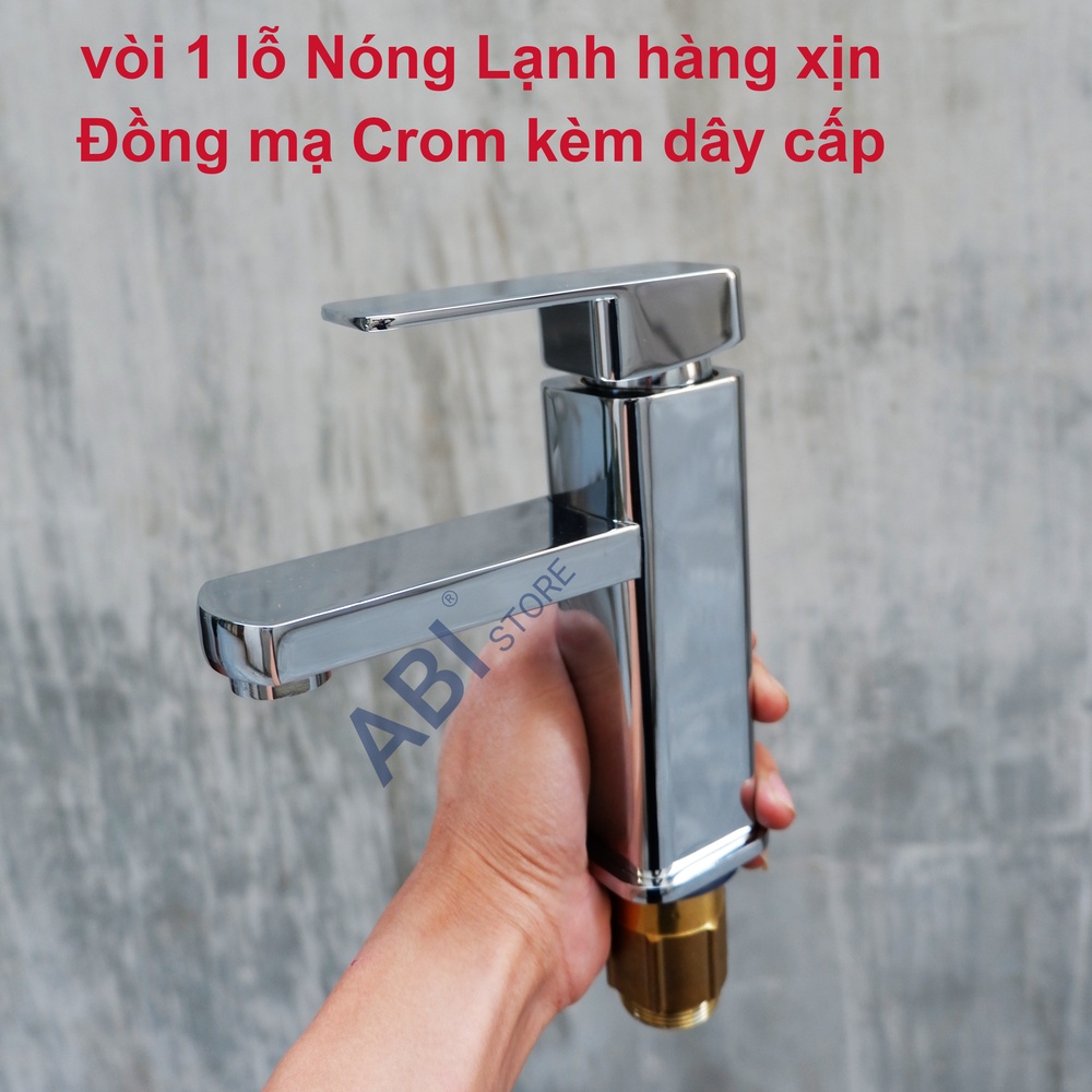 Vòi lavabo 1 lỗ nóng lạnh vuông Korea thân đồng hàng xịn B.H 2 năm, Vòi chậu rửa mặt 1 chân kèm đôi dây cấp nước