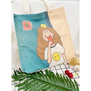 [Hình chụp thật] Túi Tote Túi Vải Leo Canvas Cô Gái Chụp Ảnh Xanh
