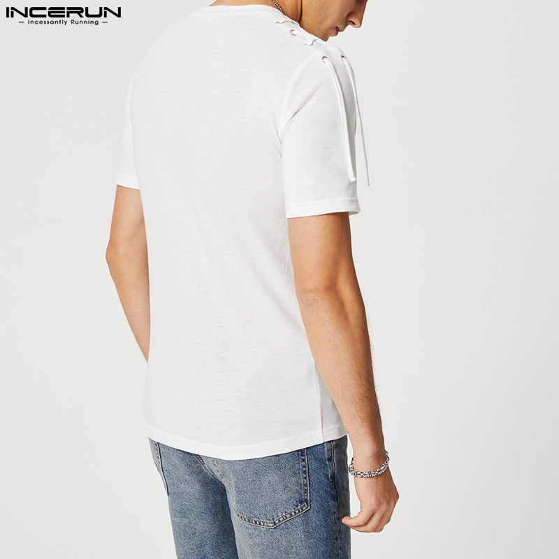 INCERUN Áo nam Ngắn Tay Cổ Tròn Cột Dây Màu Trắng