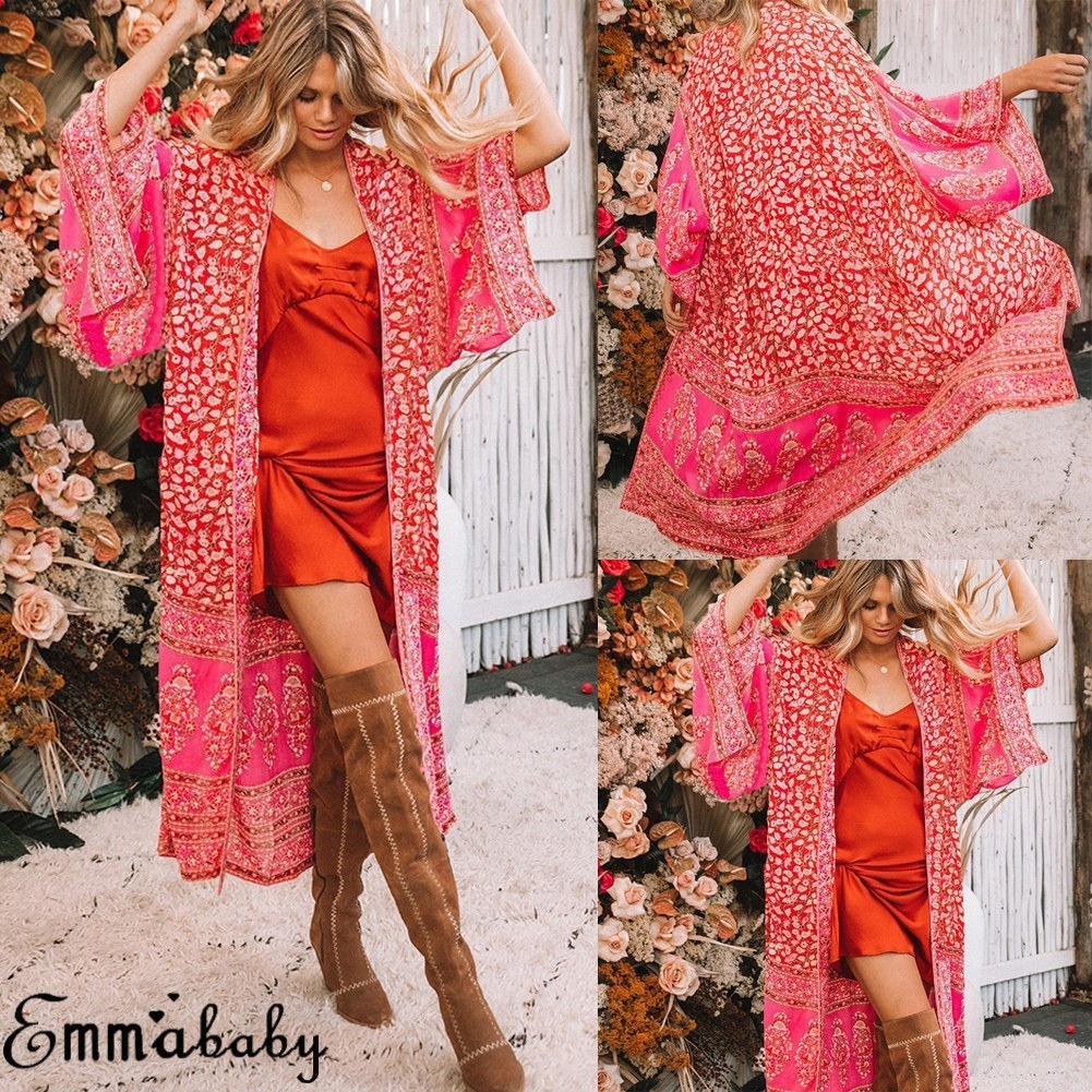 Áo khoác Kimono dáng dài phong cách boho thời trang cho nữ