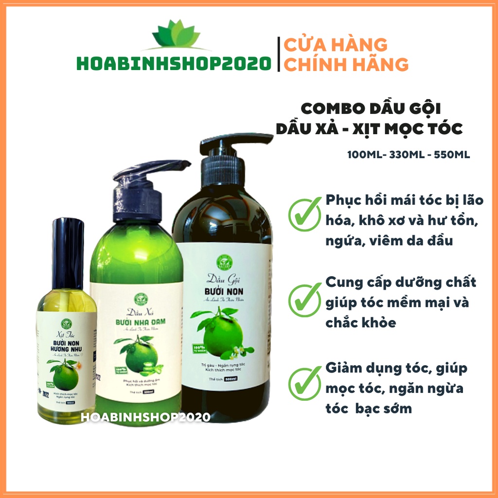 [CHÍNH HÃNG] Combo dầu gội xả + xịt tóc bưởi non phục hồi hư tổn khô xơ, ngứa da đầu, kích thích mọc tóc