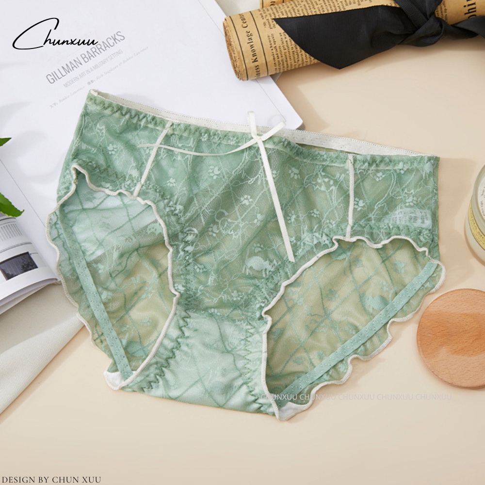 Quần lót ren nữ vải ren gấm cao cấp họa tiết mèo in chìm đính nơ dễ thương ChunXuu - QC130