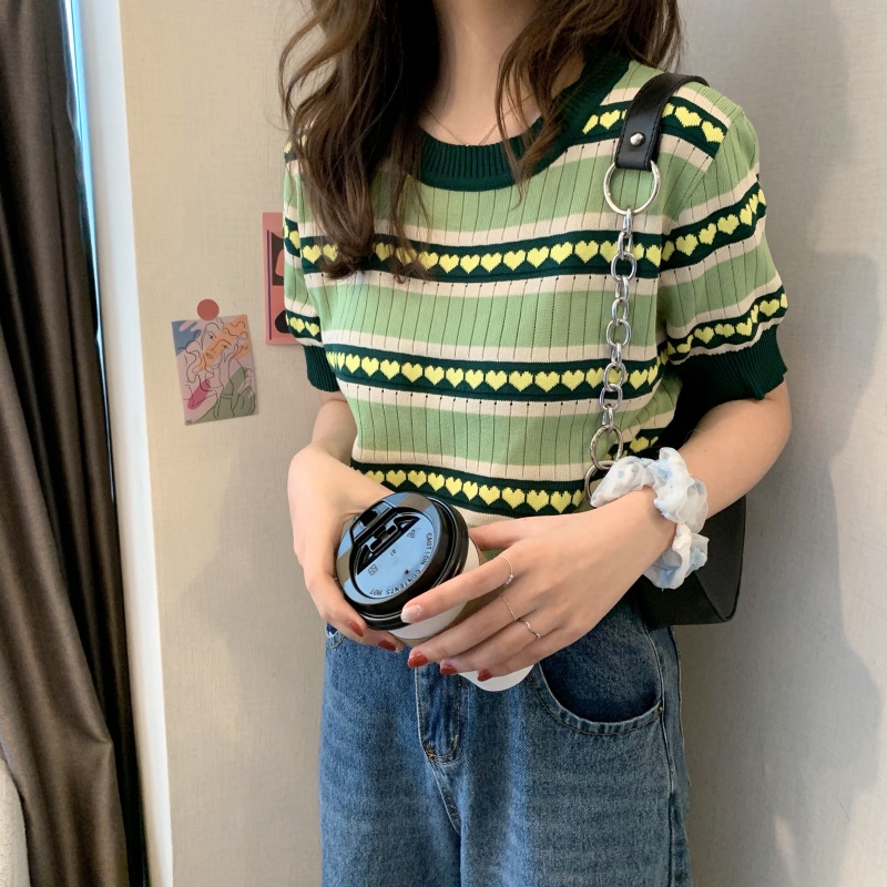 Porozi Áo  dệt kim tay ngắn cổ tròn phong cách Hàn Quốc trẻ trung cho nữ