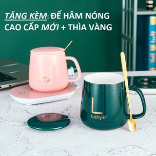 Cốc Hâm Nóng đồ uống kèm đế điện, Bộ ly sứ kèm đế điện hâm nóng sữa, trà, cafe, tặng kèm thìa vàng, hộp sang trọng