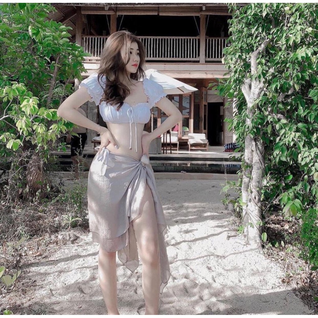 Bikini nữ 2 mảnh tay cộc trễ vai bèo quần tam giác và cạp cao R08 | BigBuy360 - bigbuy360.vn