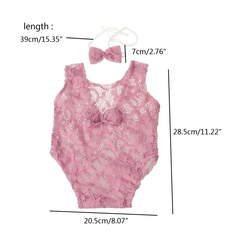 Bộ Áo Liền Quần Phối Ren + Băng Đô Xinh Xắn Cho Bé Sơ Sinh Chụp Ảnh