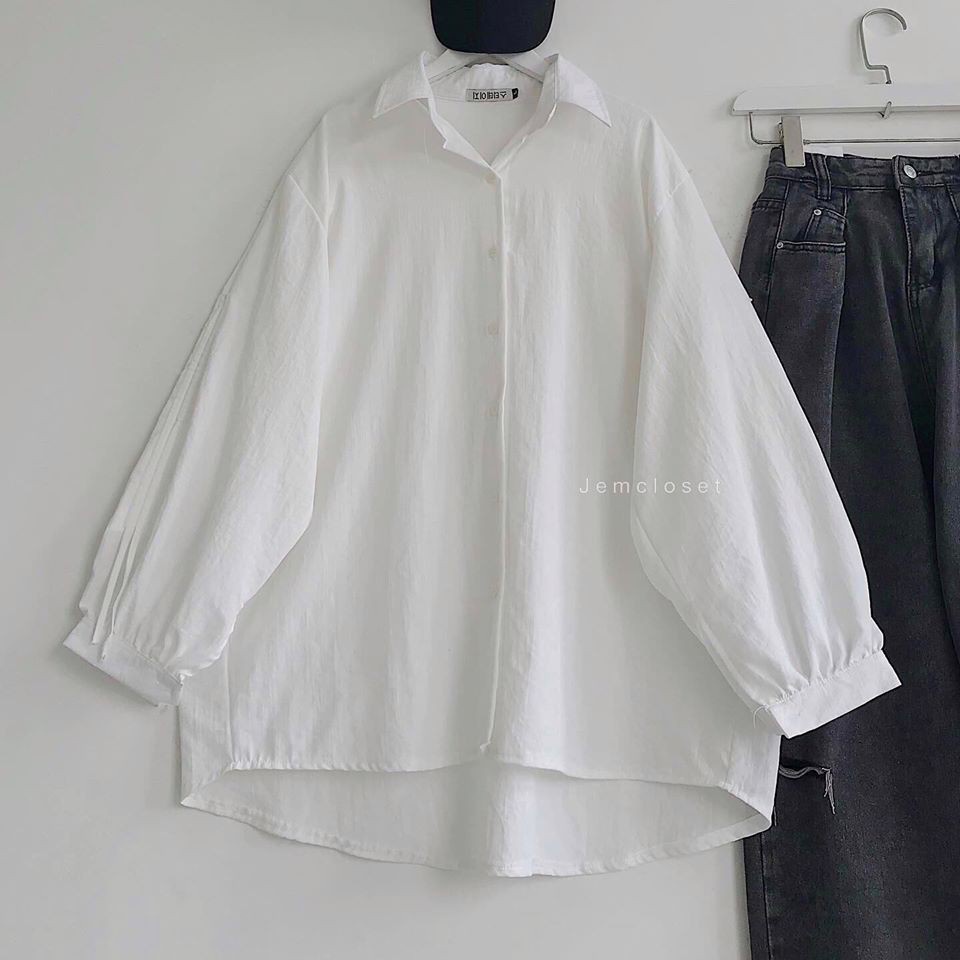 Áo sơ mi nữ trắng tay bồng oversize dưới 60kg - Lyza Store