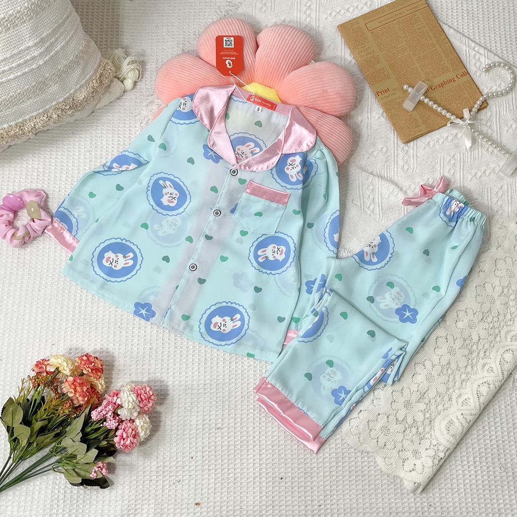 Bộ Ngủ Pijama Lụa Mango Dài Tay Cho Bé Gái