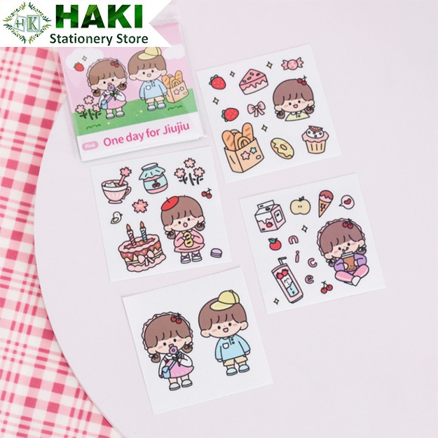 Sticker cute cô gái dễ thương HAKI, hình dán cute 4 miếng sticker trang trí sổ đáng yêu giá rẻ ST18