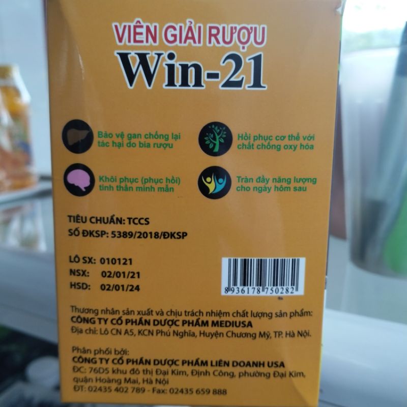 Viên giải rượu Win-21 USA hộp 4V, Uống 2 viên chống say trước khi uống rượu bia, Giúp giải rượu nhanh chóng giải độc gan