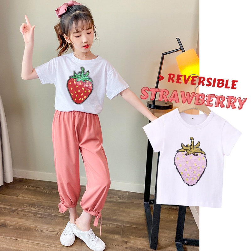 Set Áo Thun Họa Tiết Trái Dâu/Dưa Hấu/Quần Dài Mềm Mại Chống Muỗi Cho Bé Gái