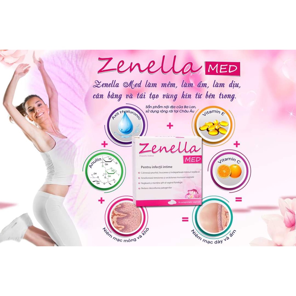 Zenella MED - Vệ Sinh Vùng Kín Nữ, Dưỡng Ẩm, Tái Tạo Da, Giảm Ngứa, Khử Mùi Hôi (Hộp 14 Viên) [Chính Hãng]