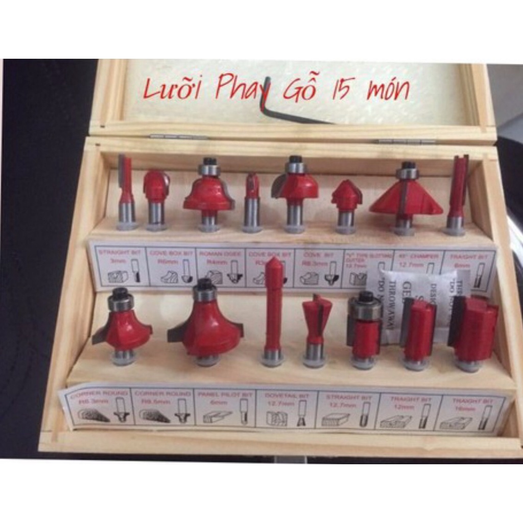 Bộ mũi phay gỗ, doa gỗ, đánh cạnh 15 mũi cốt 12.7mm