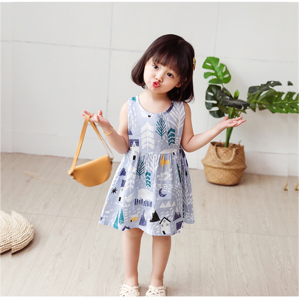 Váy đầm bé gái LAKUDO chất cotton thoáng mát đẹp họa tiết động vật phong cách Hàn Quốc