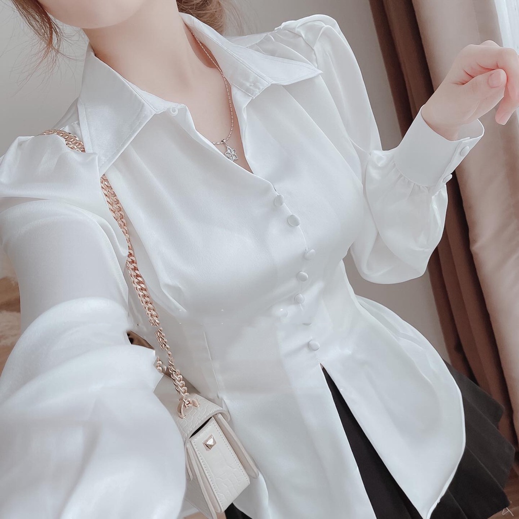 Áo sơ mi lụa nữ xẻ tà thắt nơ lung cúc ngọc sơ mi kiểu nữ cao cấp