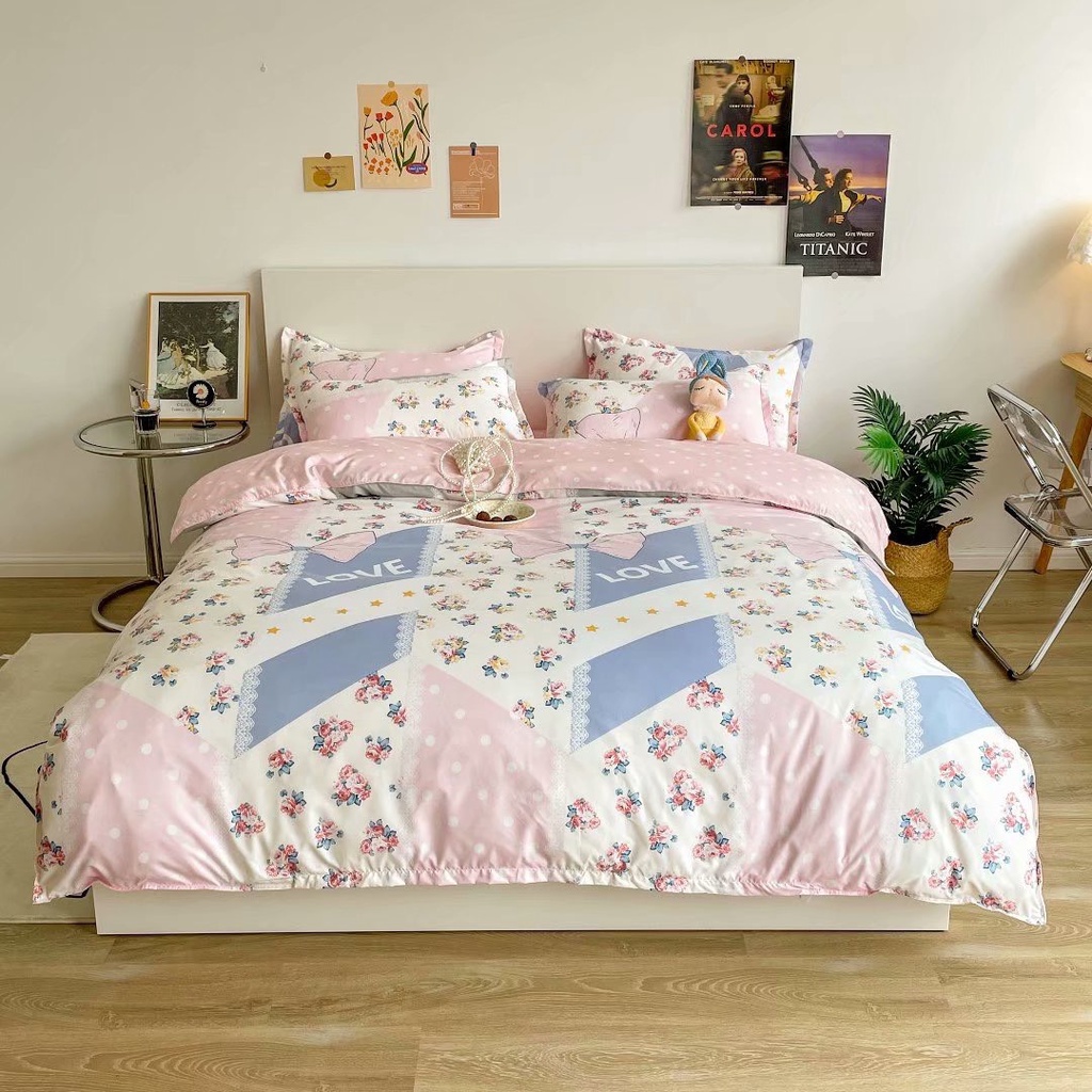 Bộ Chăn Ga Gối Cotton Poly Hoa Kẻ Love Hồng