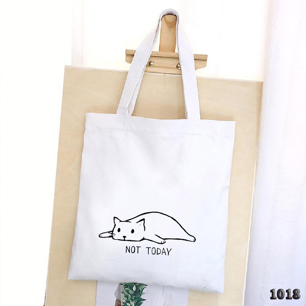 Túi Đeo Vai Tote Trắng Vải Canvas Mèo Lười Not To Day 1018 481 Thời Trang Dạo Phố Cực Đẹp