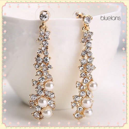 Bông Tai Dáng Dài Đính Đá Ngọc Trai Nhân Tạo Thời Trang