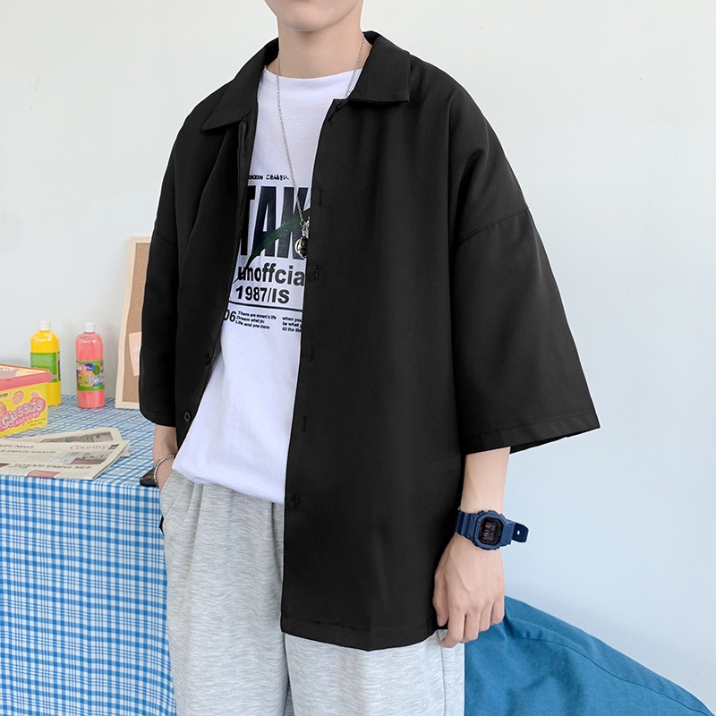 Áo sơ mi nam tay ngắn dáng rộng màu trơn phong cách Hàn Quốc thời trang mùa hè năng động
