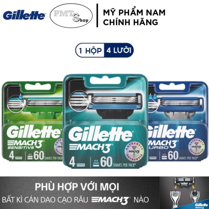 Hộp Lưỡi Dao Cạo Râu Gillette Mach 3 Turbo 3D, Sensitive, Mach3+ vỉ 8 6 4 3 2 cái - Mach3 cao cấp