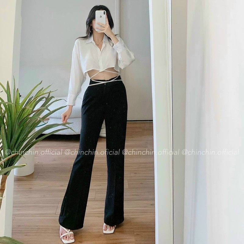 Set Áo Croptop Sơ Mi Trắng Cột Dây Eo + Quần Suông Đen Cạp Cao