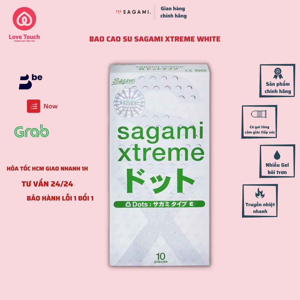 Hộp 10 cái bao cao su gân gai sagami XTREME WHITE kéo dài thời gian - LOVE TOUCH - cam kết che tên