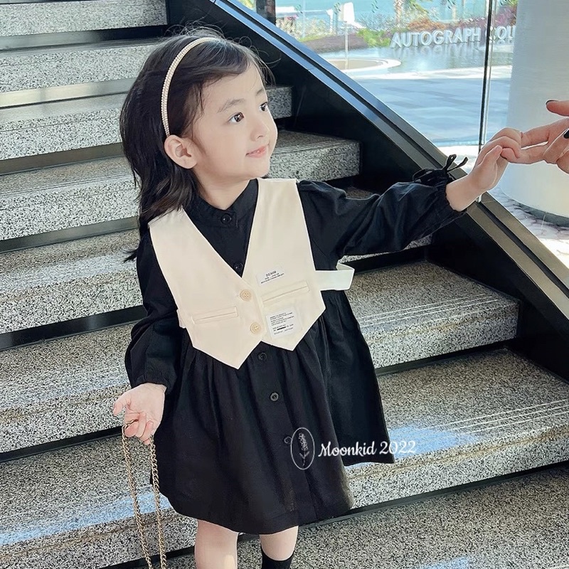 Váy bé gái Babydoll kèm Gile đeo vai xinh xắn Đầm dài tay cho bé 1 2 3 4 5 6 7 8 tuổi
