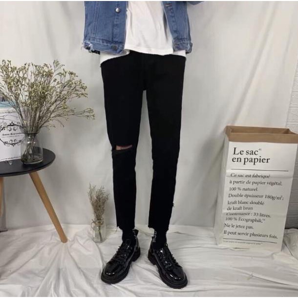 [Tiền Nào Của Đấy]Quần Jean Nam Rách Gối Phải Màu Đen Vải Co Giãn, Không Phai Màu Phong Cách Hàn Quốc -J08 | BigBuy360 - bigbuy360.vn