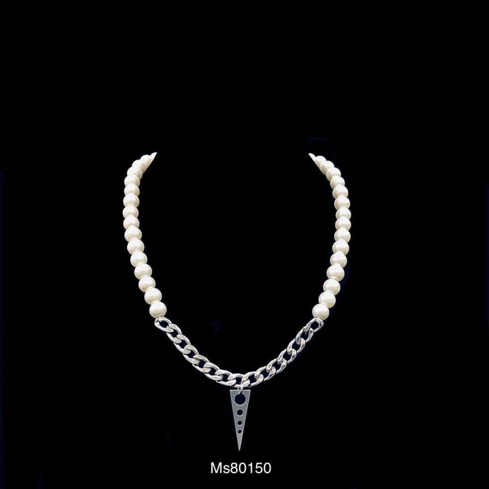 vòng cổ chain xích màu bạc mix hạt ngọc - mặt tam giác cá tính