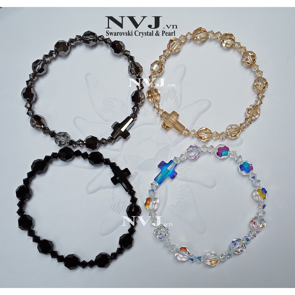 Vòng tay mân côi pha lê Swarovski, 4 màu tùy chọn, hạt tròn, nón, thánh giá - Trang sức NVJ