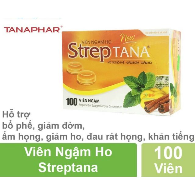 Kẹo ngậm ho - Viên ngậm ho Streptana nguồn gốc thảo dược, giảm ho, đau rát họng (hộp 100 viên)