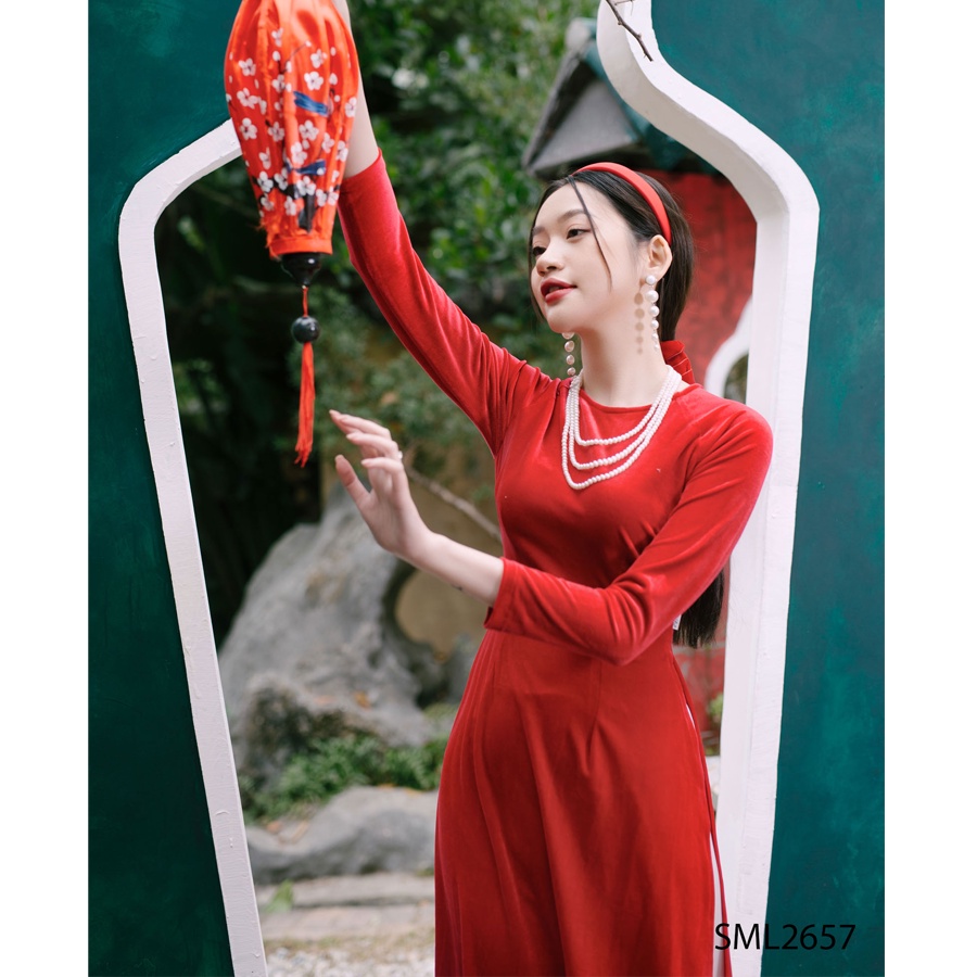 Áo dài cách tân nhung, cổ tròn EMSPO SML2657