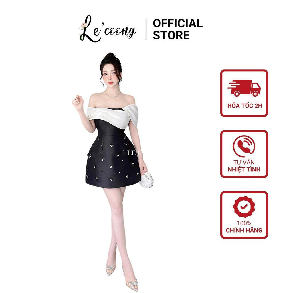 Váy Trễ Vai Dáng Ngắn LECOONG V368 Váy Công Chúa Đính Đá Thủ Công Hồng Đen Trắng Sang Chảnh