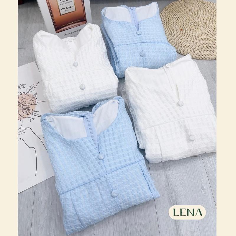 Đầm midi dáng dài tay phồng xẻ tà dự tiệc LENA nút bọc vải tiểu thư - D2187