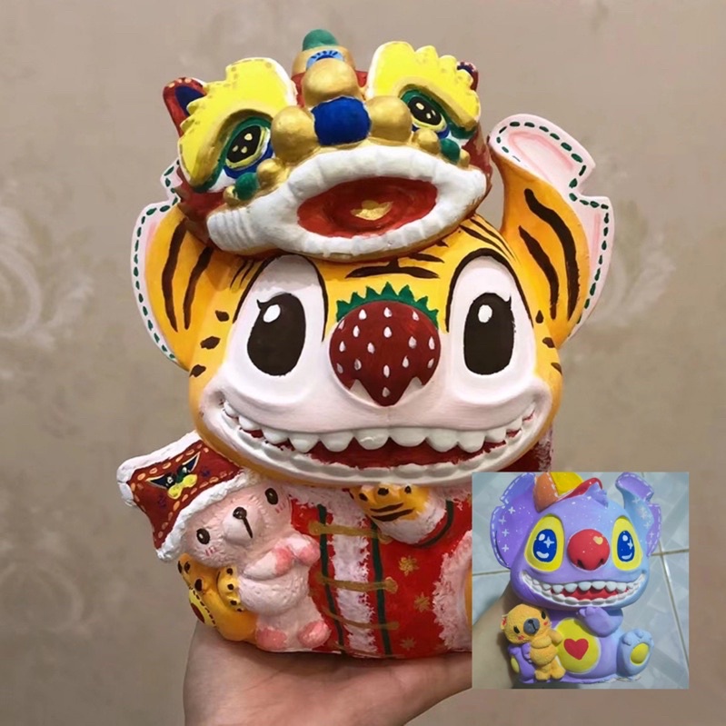 Tượng thạch cao stich đội mũ lân đón tết🍀tượng to tô màu cho bé, TẶNG MÀU BÚT