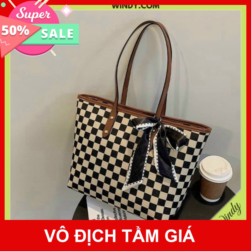 [free ship] Túi Xách Nữ công sở Tote Đựng Sổ Sách Đeo Kẹp Nách hình họa Kẻ Ô Chất Da PU Mềm thời thượng Windy.com - Mã