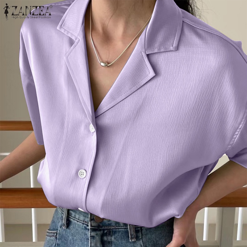 Áo sơ mi ZANZEA tay ngắn màu trơn phong cách Hàn Quốc cho nữ