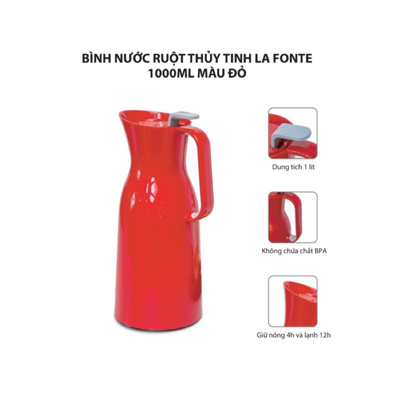 [RẺ HƠN HOÀN TIỀN] Bình đựng nước LA FONTE 1000ml ruột thuỷ tinh 2 lớp giữ nóng/lạnh.