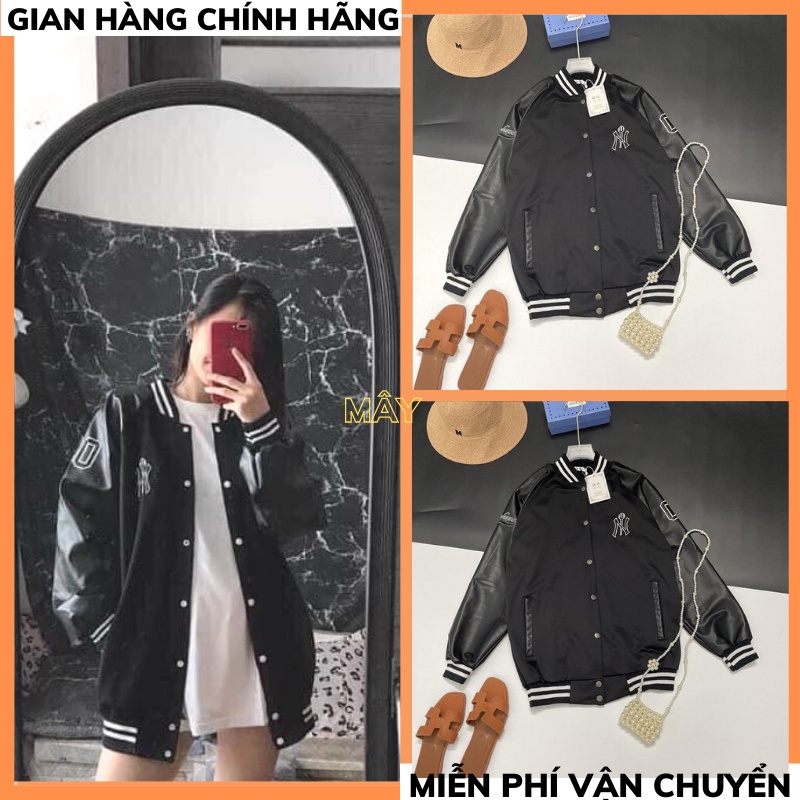 Áo Khoác Bomber Nam Nữ Ni Phối Tay Da - Áo Bomber Bóng Chày NY Chất Đẹp Có Ảnh Thật Tự Chụp MÂY_1989