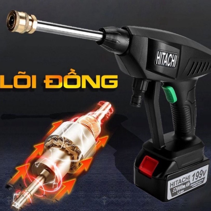Máy xịt rửa xe máy ô tô cao áp có áp lực cao tạo bọt tuyết HITACHI 199V cầm tay PIN SẠC CỰC MẠNH dùng gia đình giá rẻ