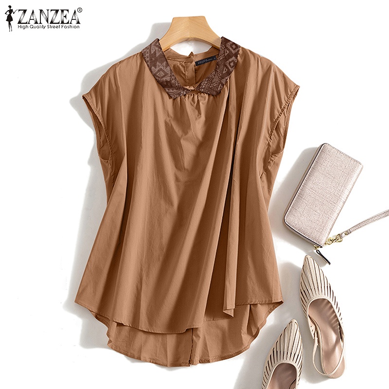 Áo kiểu Zanzea tay ngắn cổ bẻ cài nút sau phong cách vintage thời trang dành cho nữ