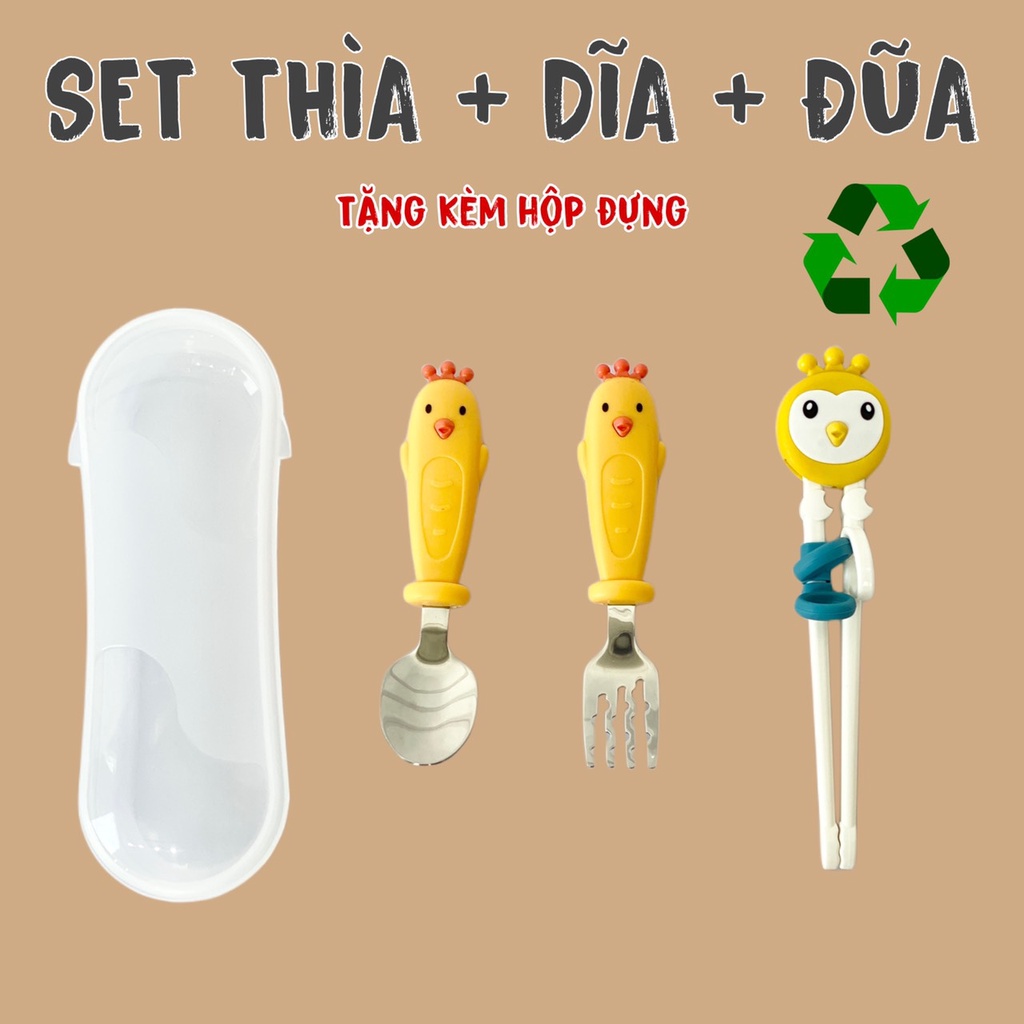 Set Đũa Thìa Dĩa Inox Hình Động Vật Cho Bé Tập Ăn Dặm Tặng Kèm Hộp Đựng Zimbababy