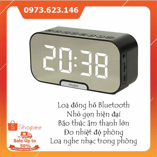 Loa Bluetooth kiêm đồng hồ, báo thức, đài FM, mặt gương hiển thị LED quà 20/10 màu hồng